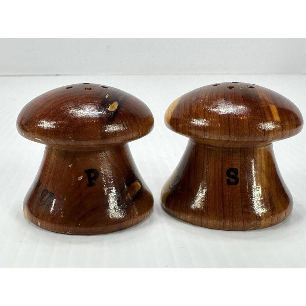 Vintage Souvenir Mid Century Mod Wood Mushroom Salt Pepper Shaker Lake George NY
